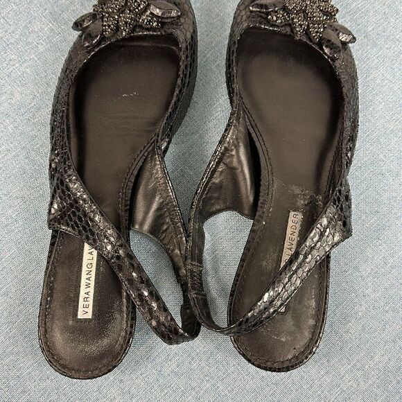 Vera Wang Lavender Label Black Crystal Embellished Peep Toe Slingback Flats Sz 9 - Picture 8 of 9